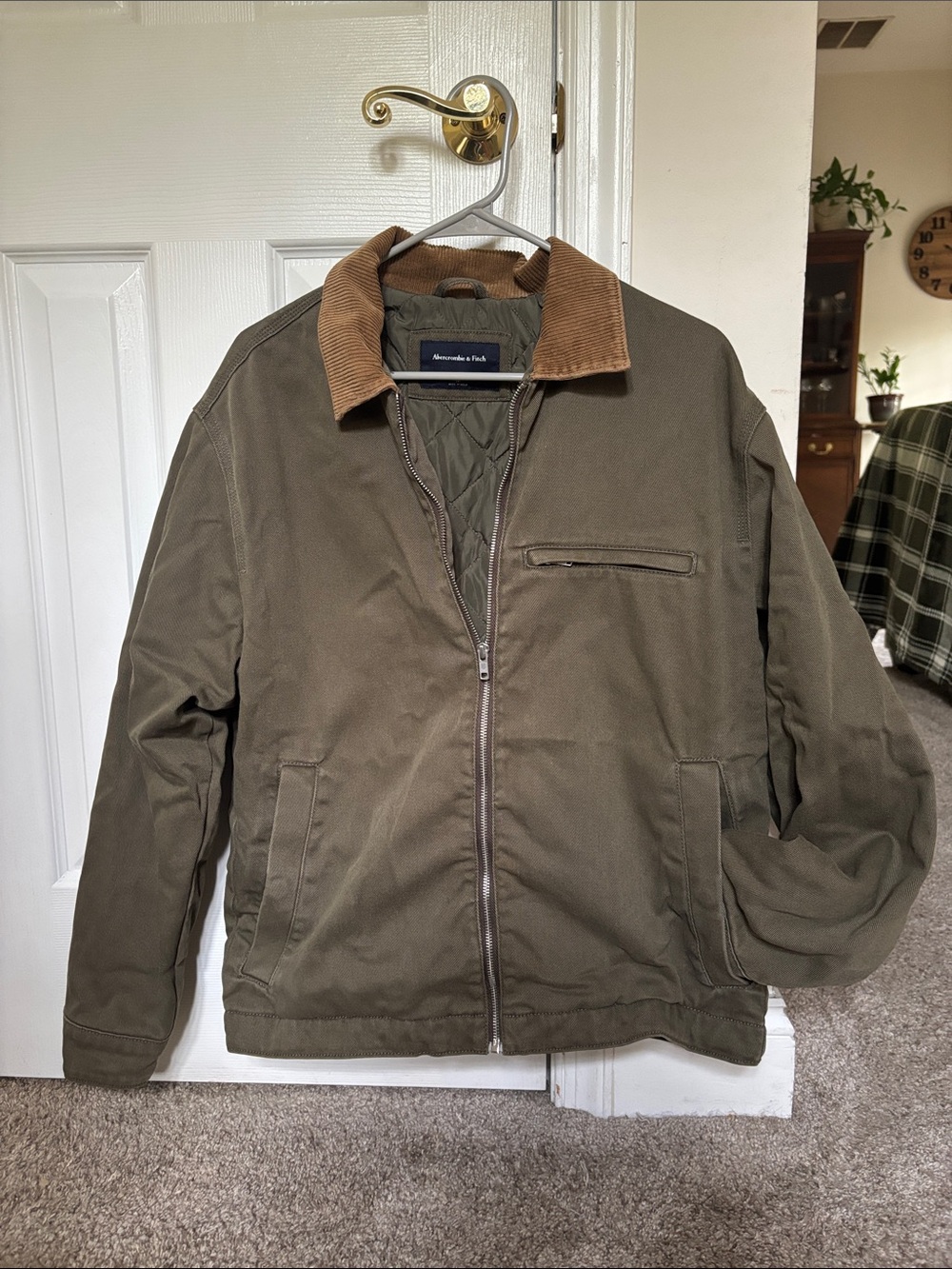 Abercrombie & Fitch Olive Jacket with Tan Corduroy Collar-Medium